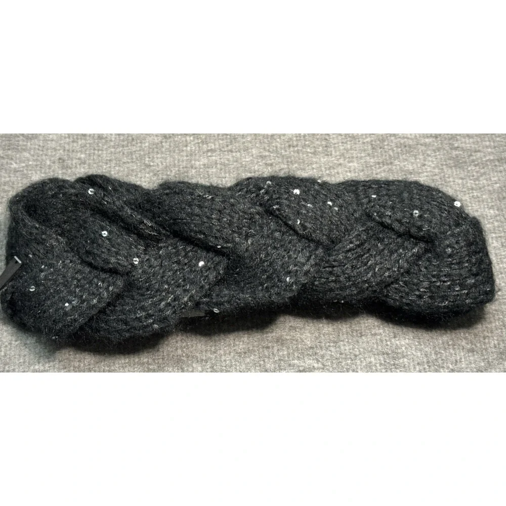 Muk Luks Black Sequin Braided Twist Headband Chunky Knit Headwear Women's OSFM